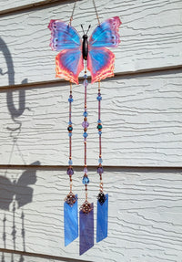 Thumbnail for Eastern Blue Beauty stained glass and crystal wind chimes brockus creations 2 also known as blue mother-of-pearl butterfly handcrafted in the USA blue and purple crystal with copper accents garden decor, mothers day gift, stained glass gift, birthday