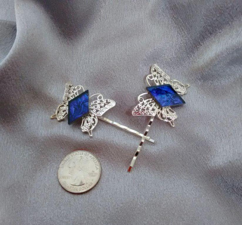 Silver filigree butterfly bobby pins with Van Gogh stained glass, gift for wife, daughter, sister, bestie, secret sister, handmade in USA