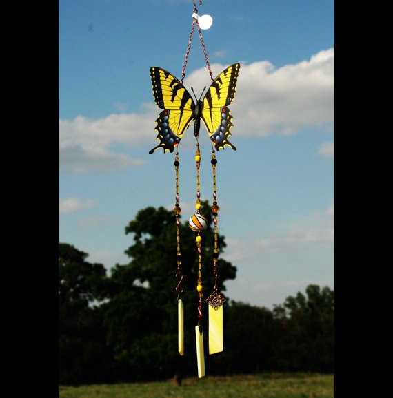 Yellow swallowtail butterfly stained glass wind chime for mothers day, fathers day, memorial, sympathy, birthday gifts. Handmade in the USA by brockus creations. Gift for wife, mother, grandmother, aunt, sister, daughter, coworker, best friend.