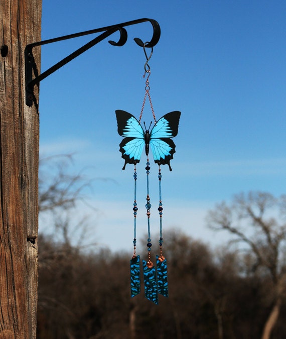 Blue butterfly wind chimes for beautiful gifts, memorials, sympathy, outdoor garden decor. Handmade in the USA.