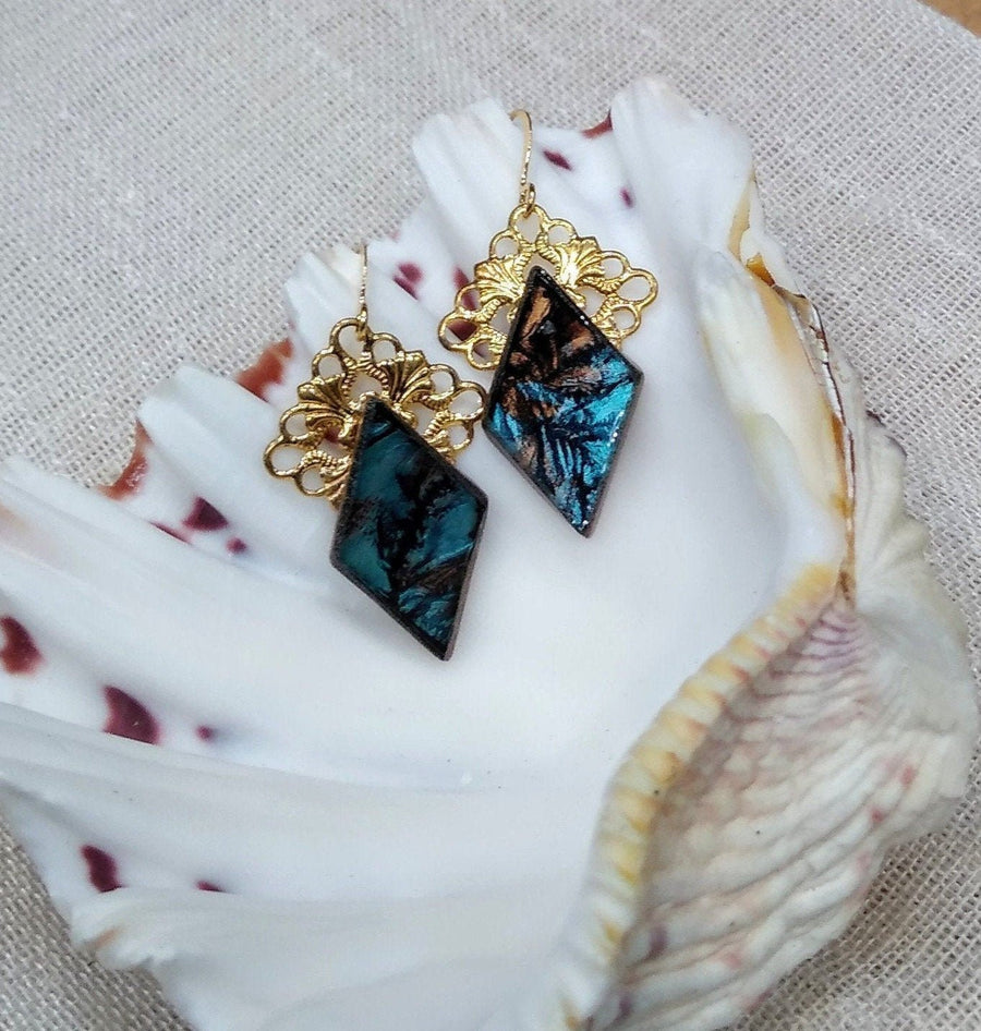 Aqua and champagne Van Gogh stained glass earrings
