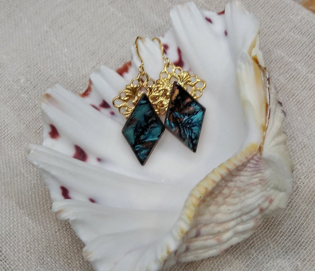 Aqua and champagne Van Gogh stained glass earrings