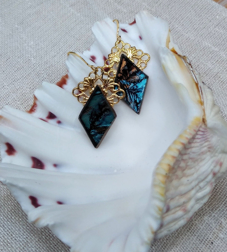 Aqua and champagne Van Gogh stained glass earrings