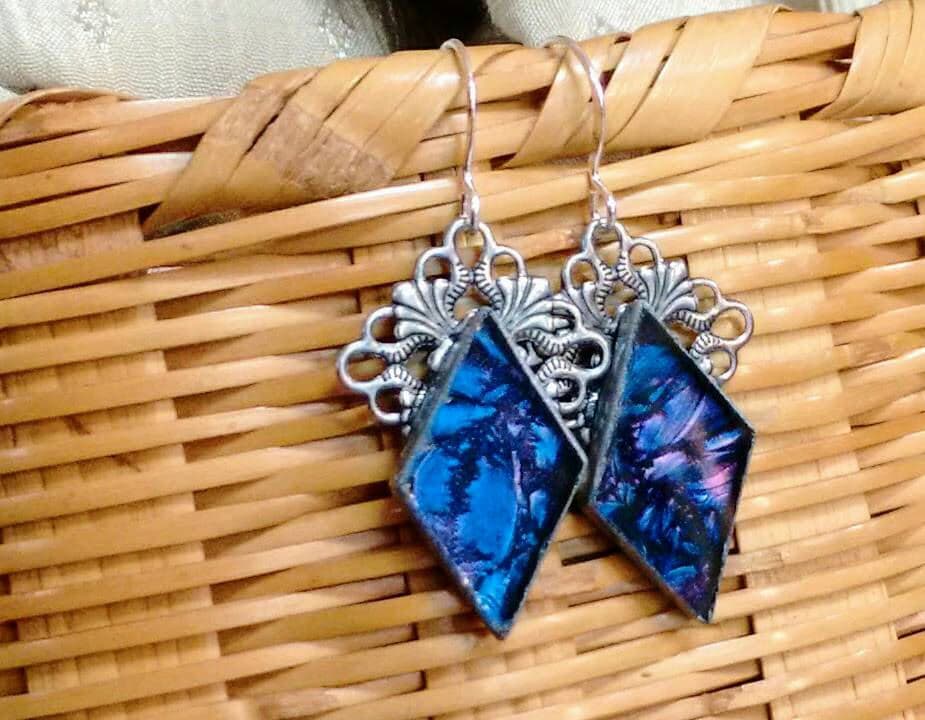 Blue and purple Van Gogh stained glass earrings