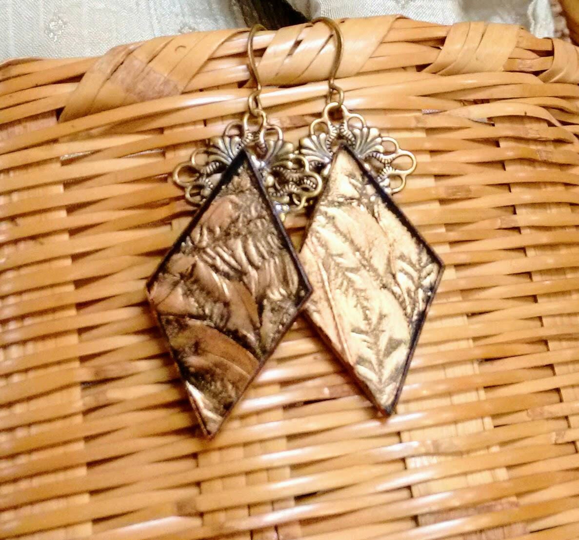 Bronze Van Gogh diamond shaped stained glass earrings