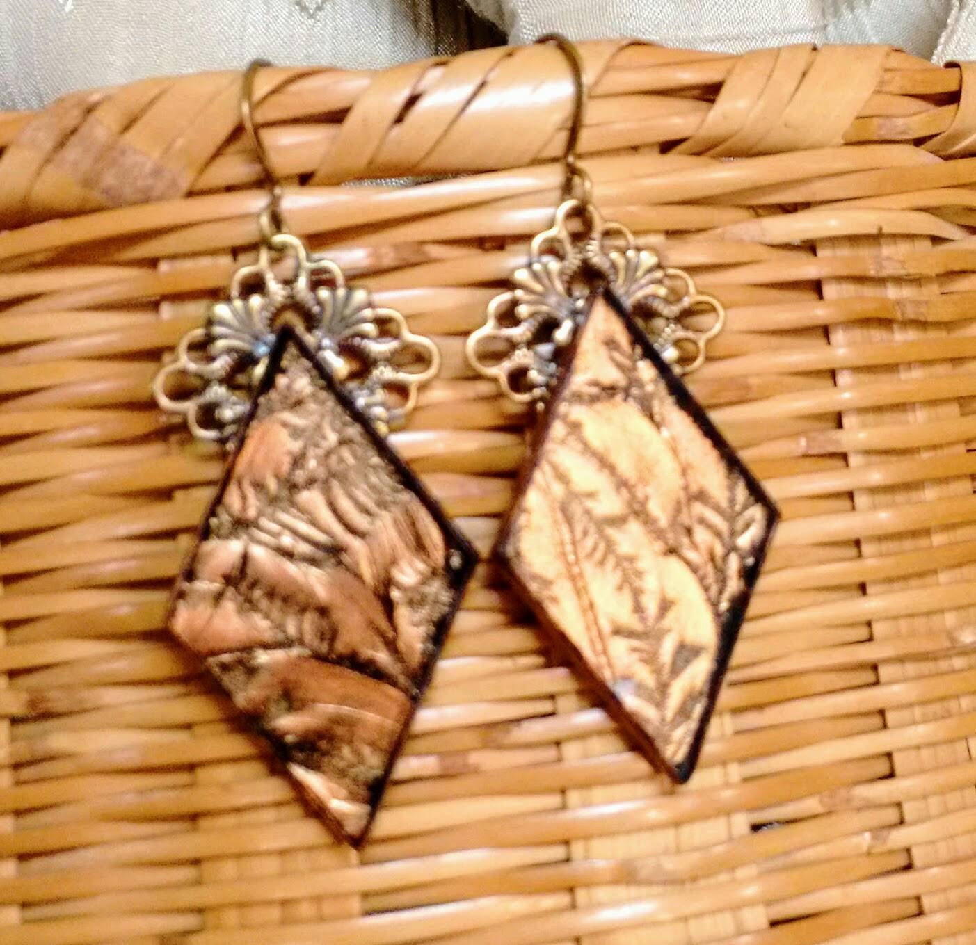Bronze Van Gogh diamond shaped stained glass earrings