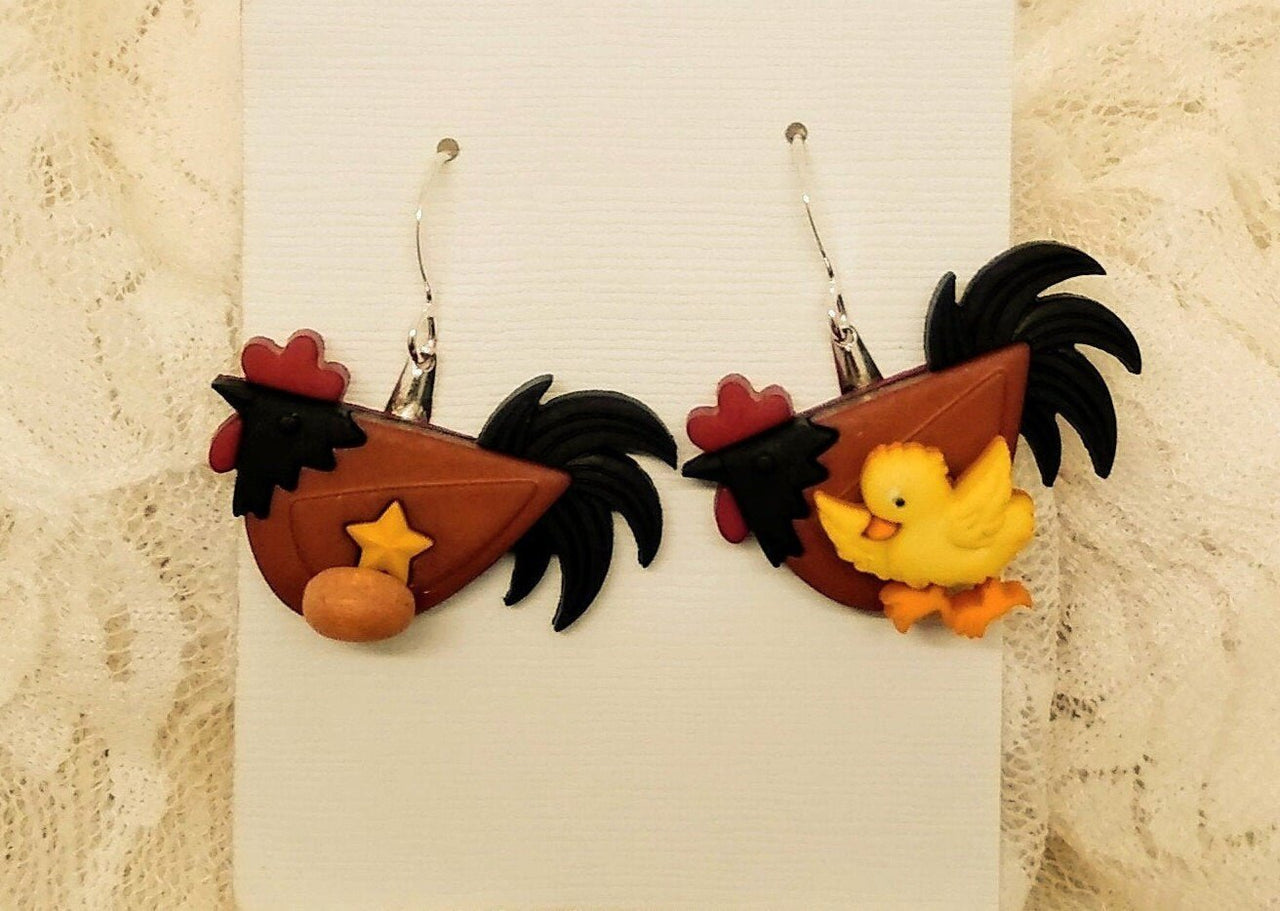 Chicken with egg and baby chick earrings
