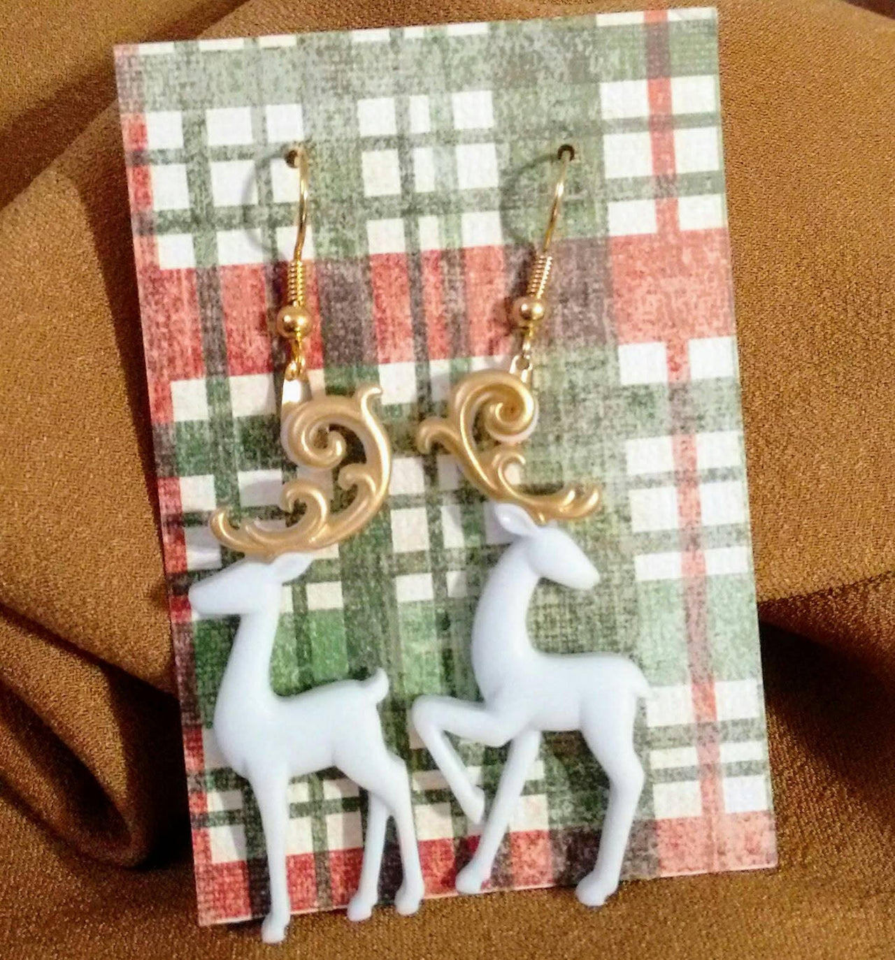 Christmas white and gold reindeer earrings