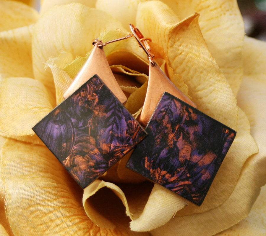 Copper and violet Van Gogh stained glass earrings