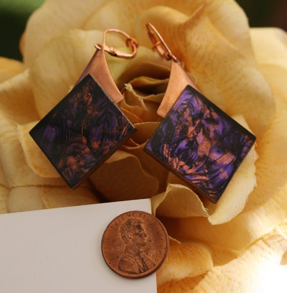 Copper and violet Van Gogh stained glass earrings