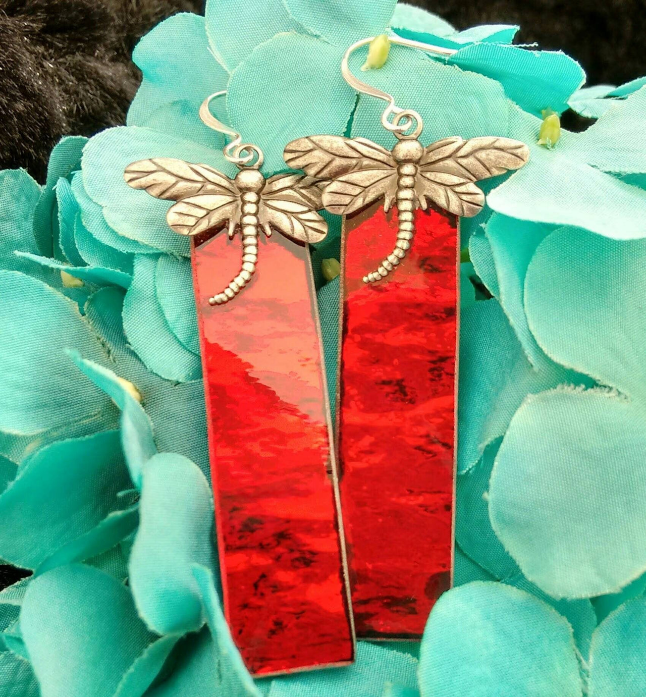 Dragonfly red rippled mirror glass stained glass earrings