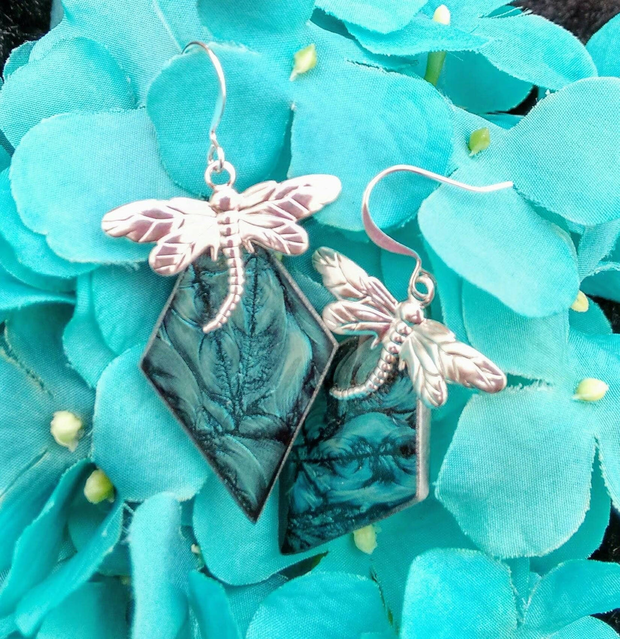 Dragonfly turquoise Van Gogh stained glass earrings