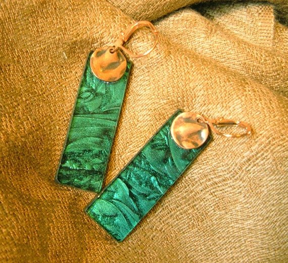 Emerald green dangling Van Gogh stained glass earrings