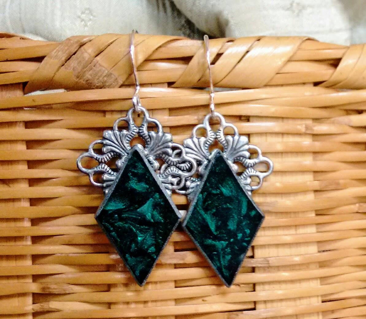 Emerald green Van Gogh stained glass diamond earrings
