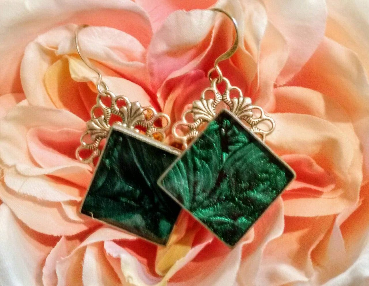 Emerald green Van Gogh stained glass on filigree earrings