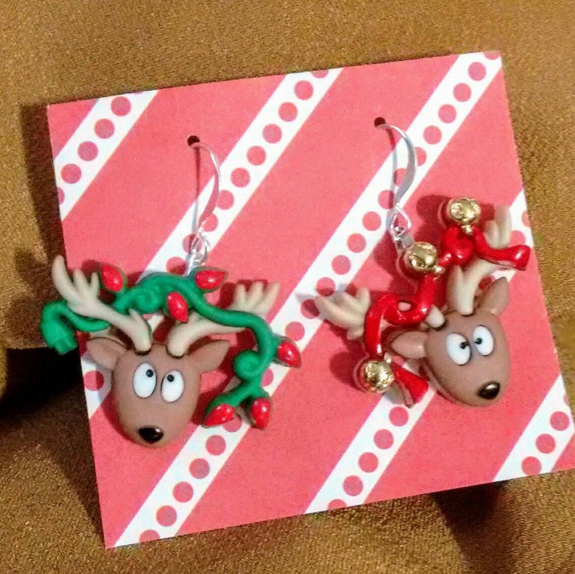 Funny Christmas reindeer with bells earrings