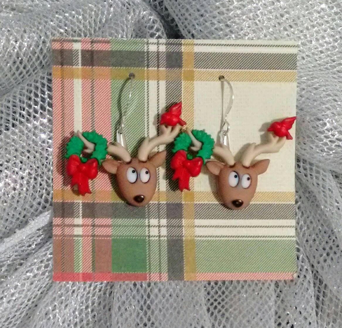 Funny Christmas reindeer with wreath earrings