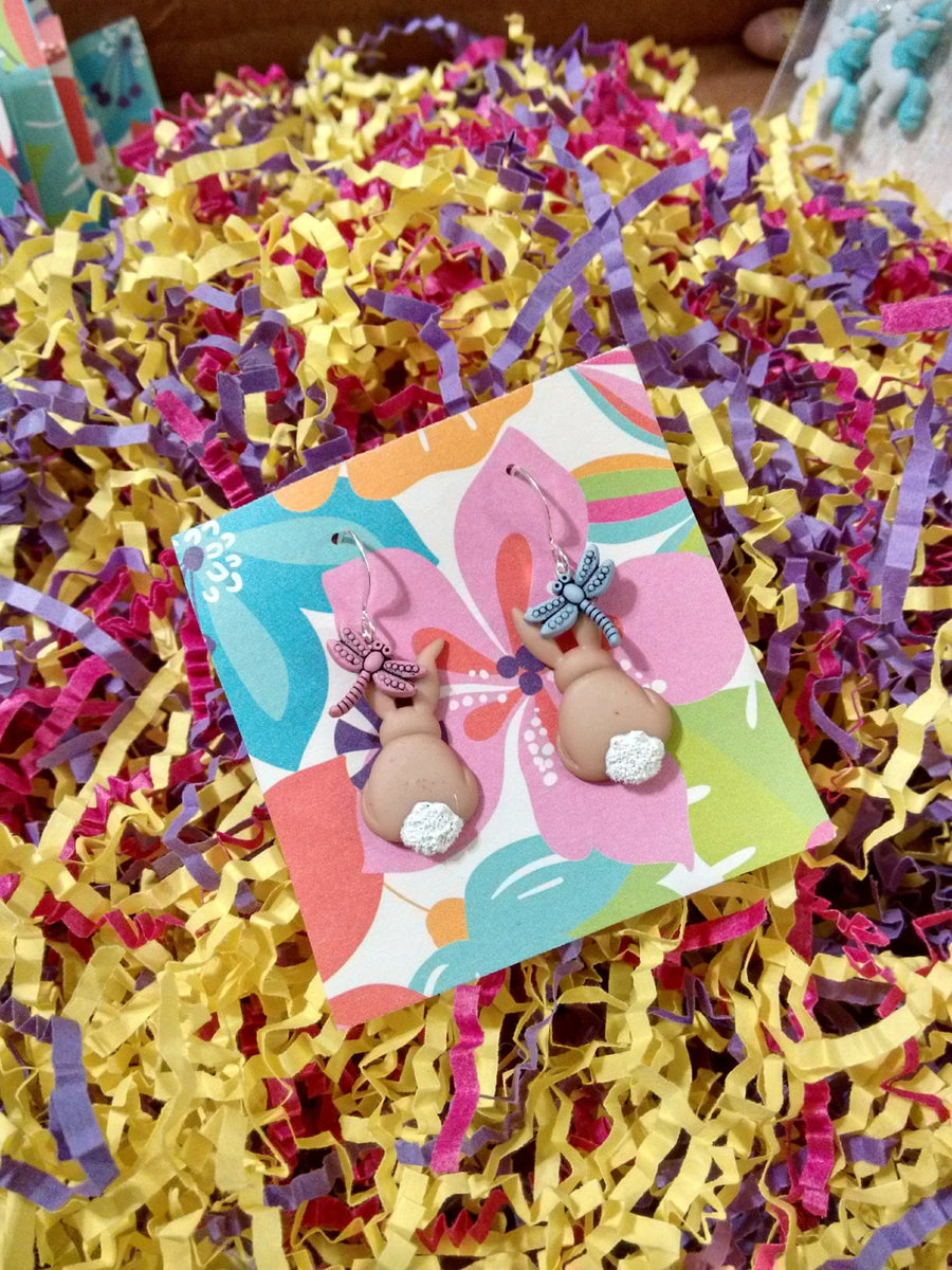 Fuzzy tailed Easter bunny with dragonfly and ladybug earrings