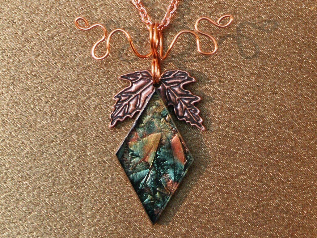 green, copper and gold van gogh stained glass on medium copper leaf necklace
