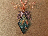 Thumbnail for green, copper and gold van gogh stained glass on medium copper leaf necklace