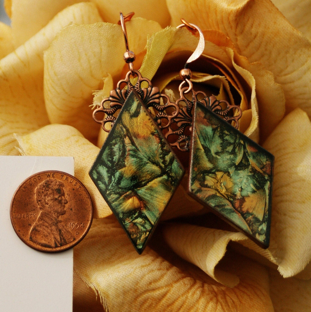 Green, gold and copper Van Gogh stained glass earrings