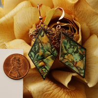 Thumbnail for Green, gold and copper Van Gogh stained glass earrings