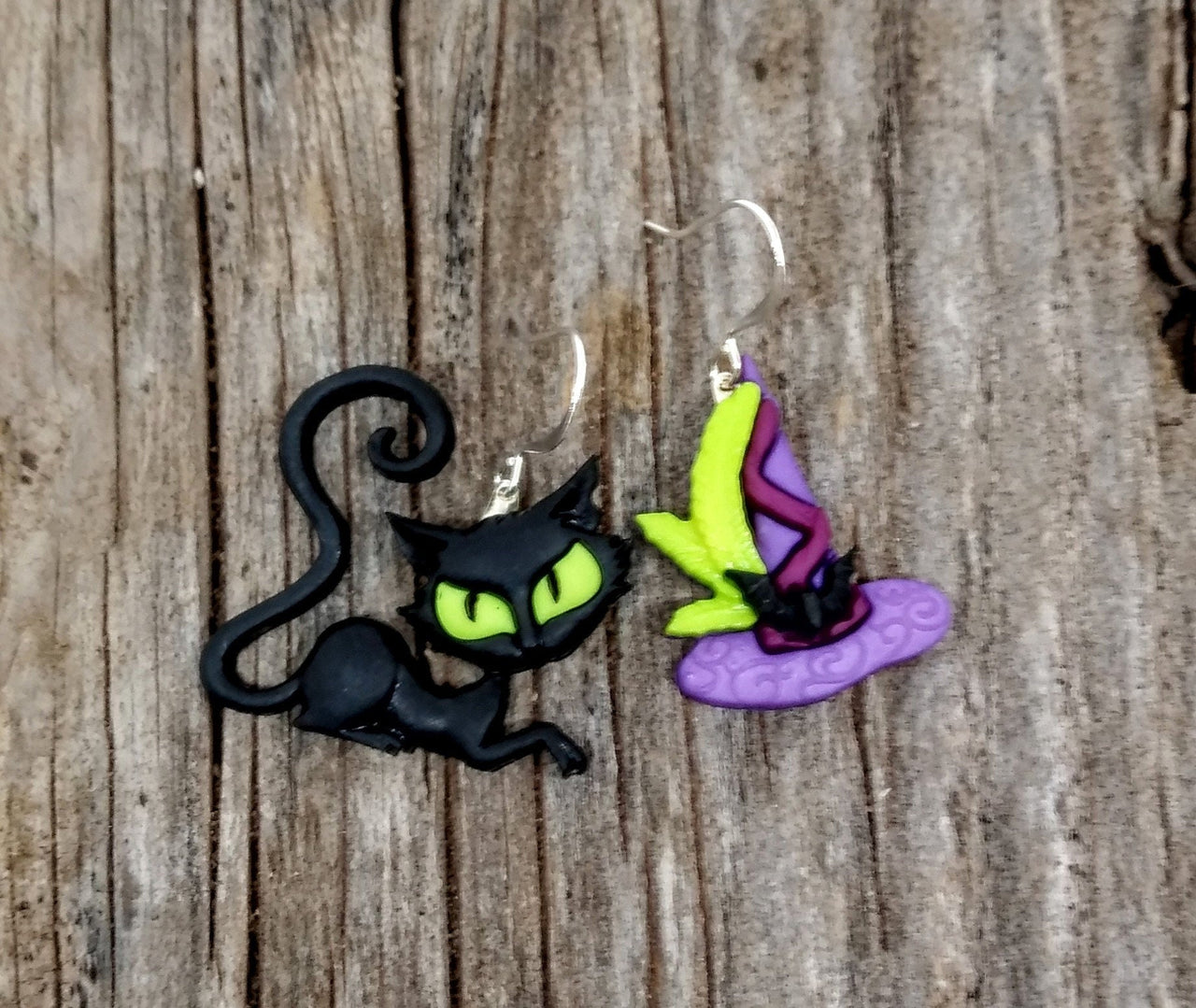 Halloween black cat and witch hat earrings