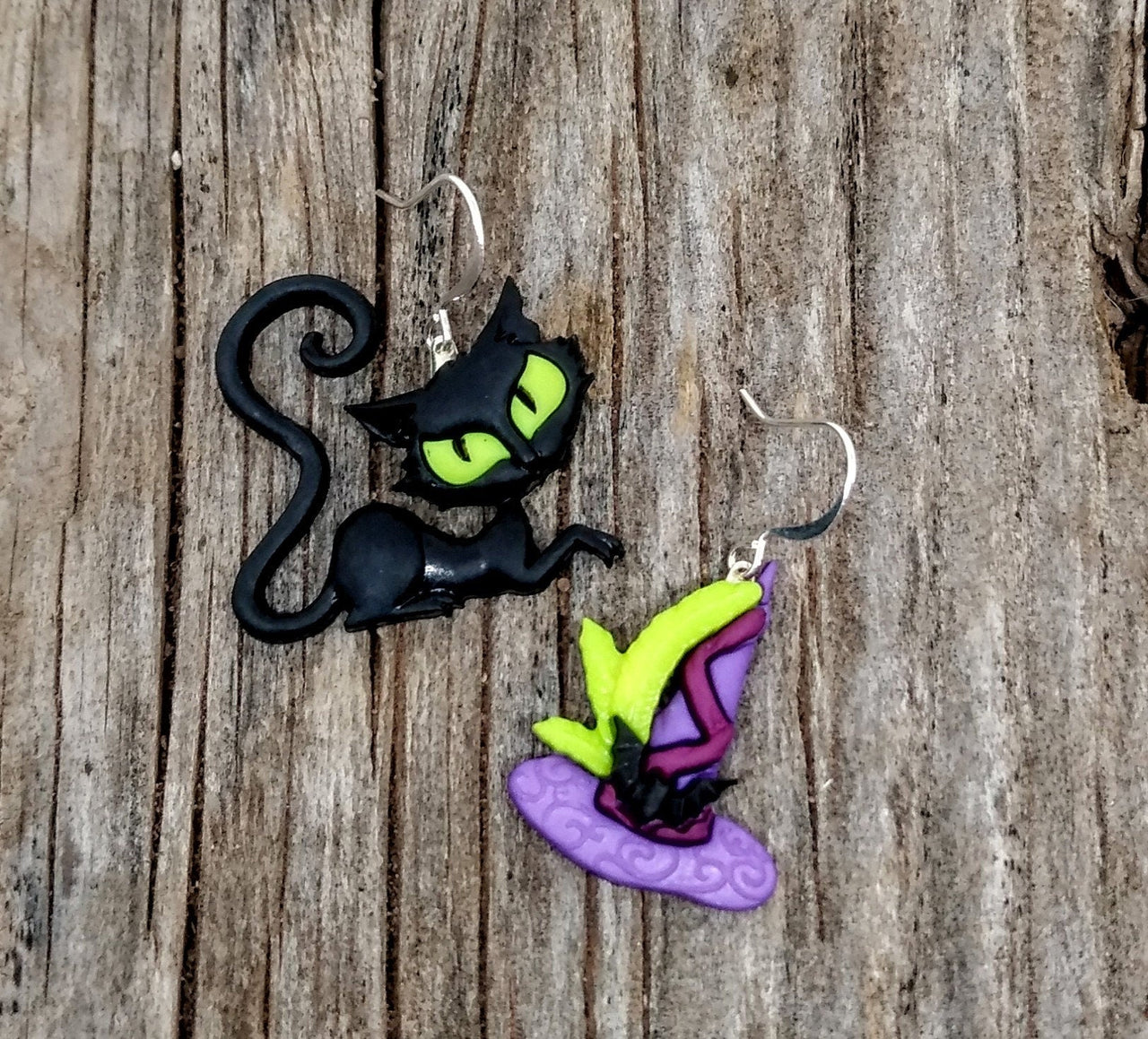 Halloween black cat and witch hat earrings