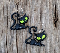 Thumbnail for Halloween black cat with green eyes earrings
