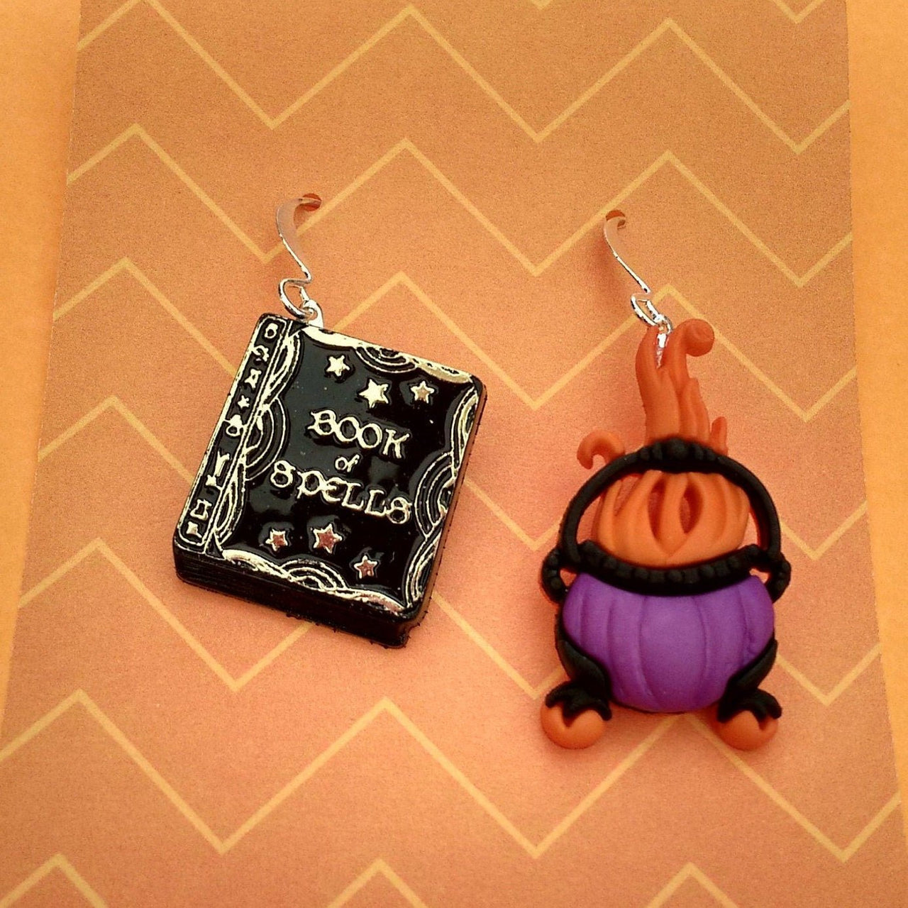 Halloween witch book of spells and cauldron earrings