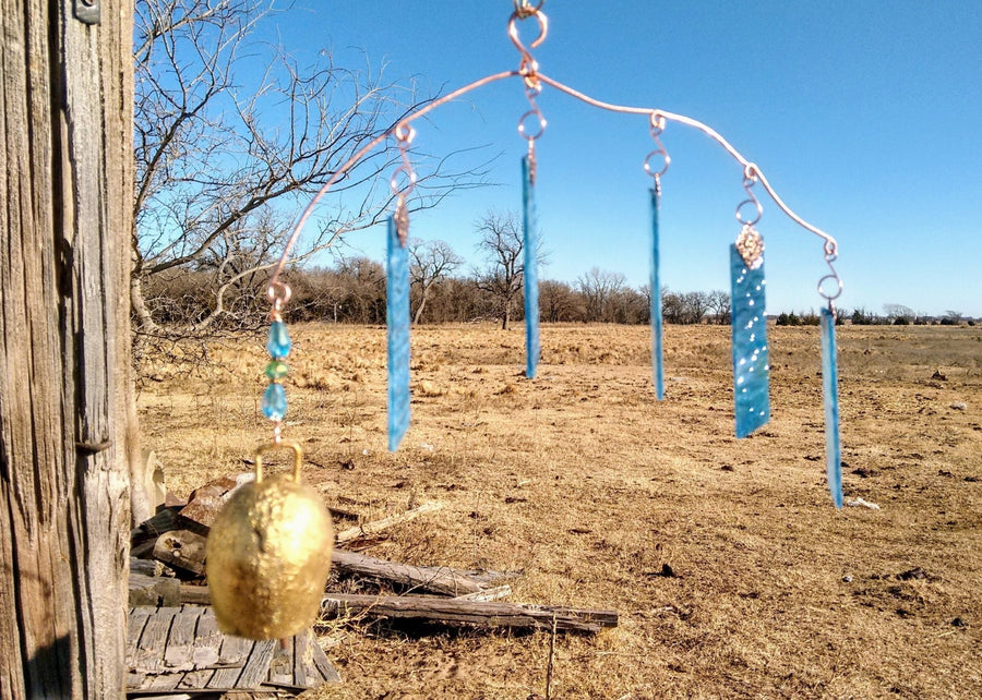 Handcrafted asymmetrical stained glass wind chime garden ornament bell