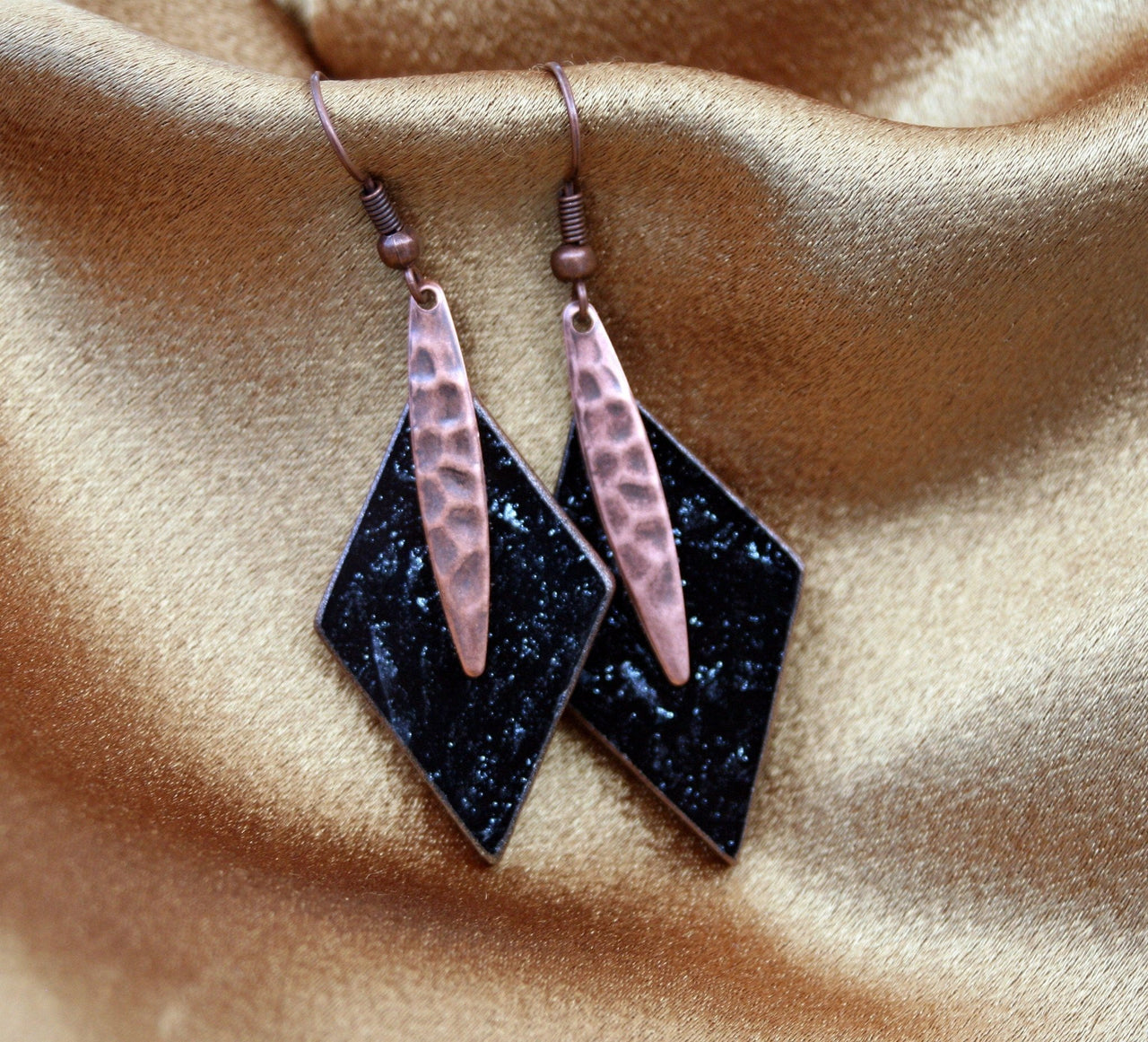 Handcrafted black diamond Van Gogh stained glass and copper earrings