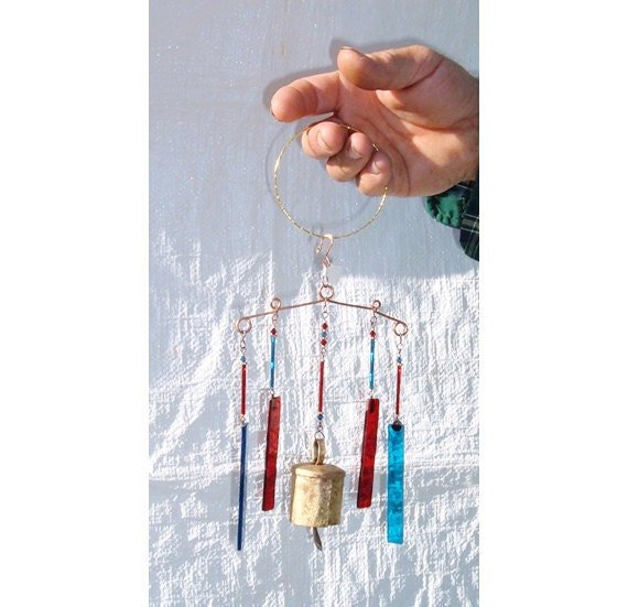 Handcrafted blue and red stained glass wind chime garden bell ornament