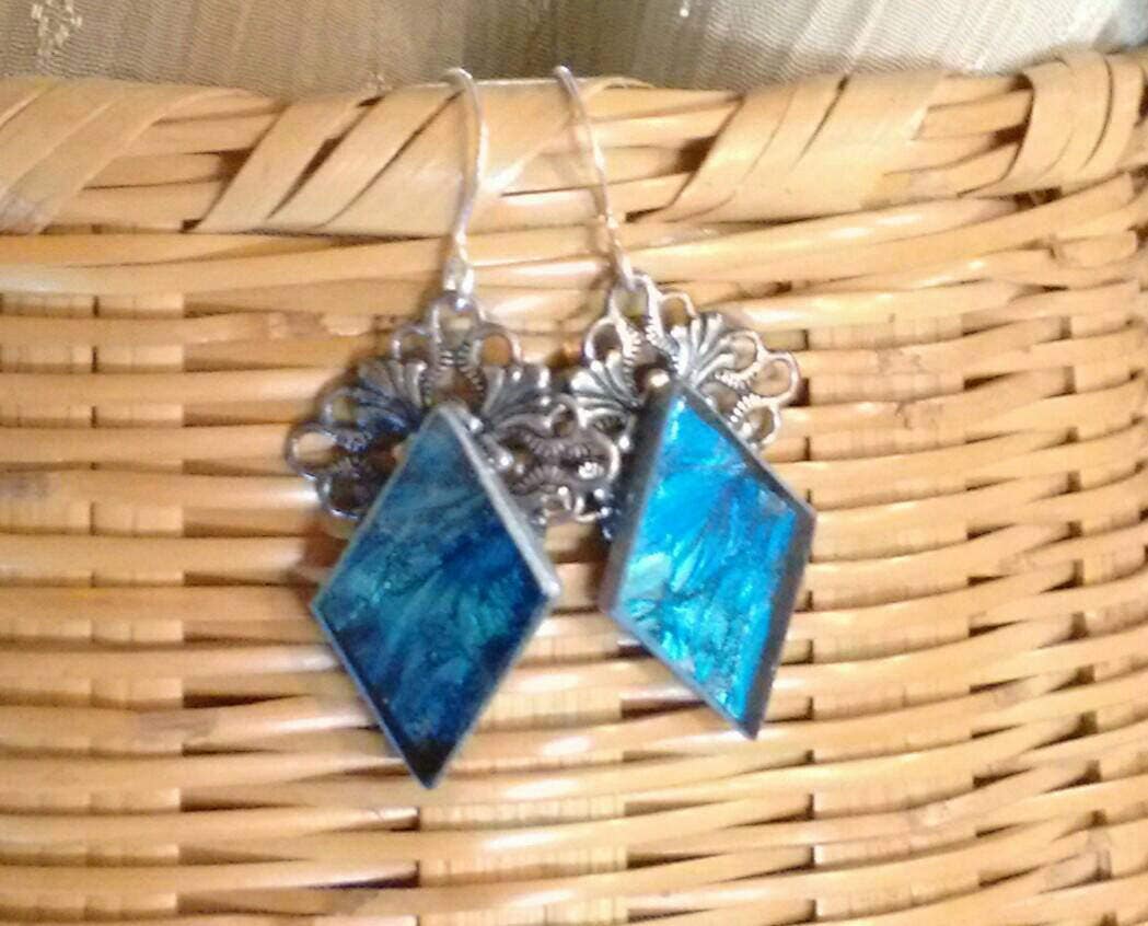 Handcrafted blue and turquoise Van Gogh stained glass earrings