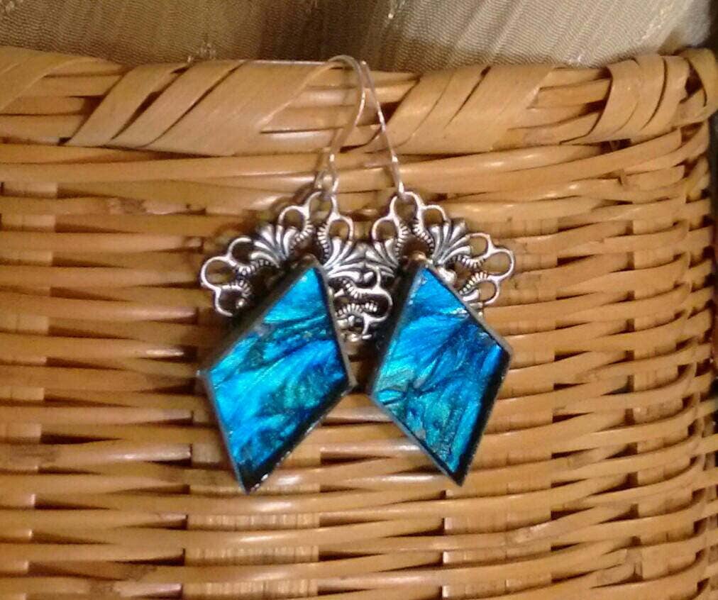 Handcrafted blue and turquoise Van Gogh stained glass earrings