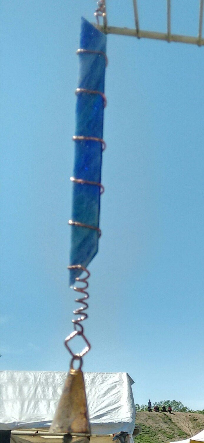 Handcrafted blue stained glass garden bell ornament