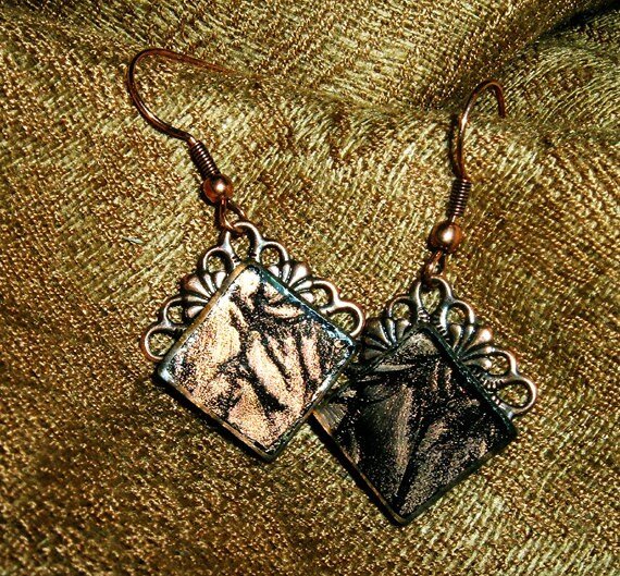 Handcrafted bronze and copper Van Gogh stained glass earrings