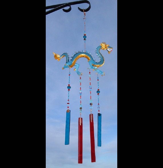 Handcrafted celestial dragon stained glass wind chime garden ornament