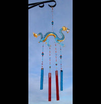 Thumbnail for Handcrafted celestial dragon stained glass wind chime garden ornament