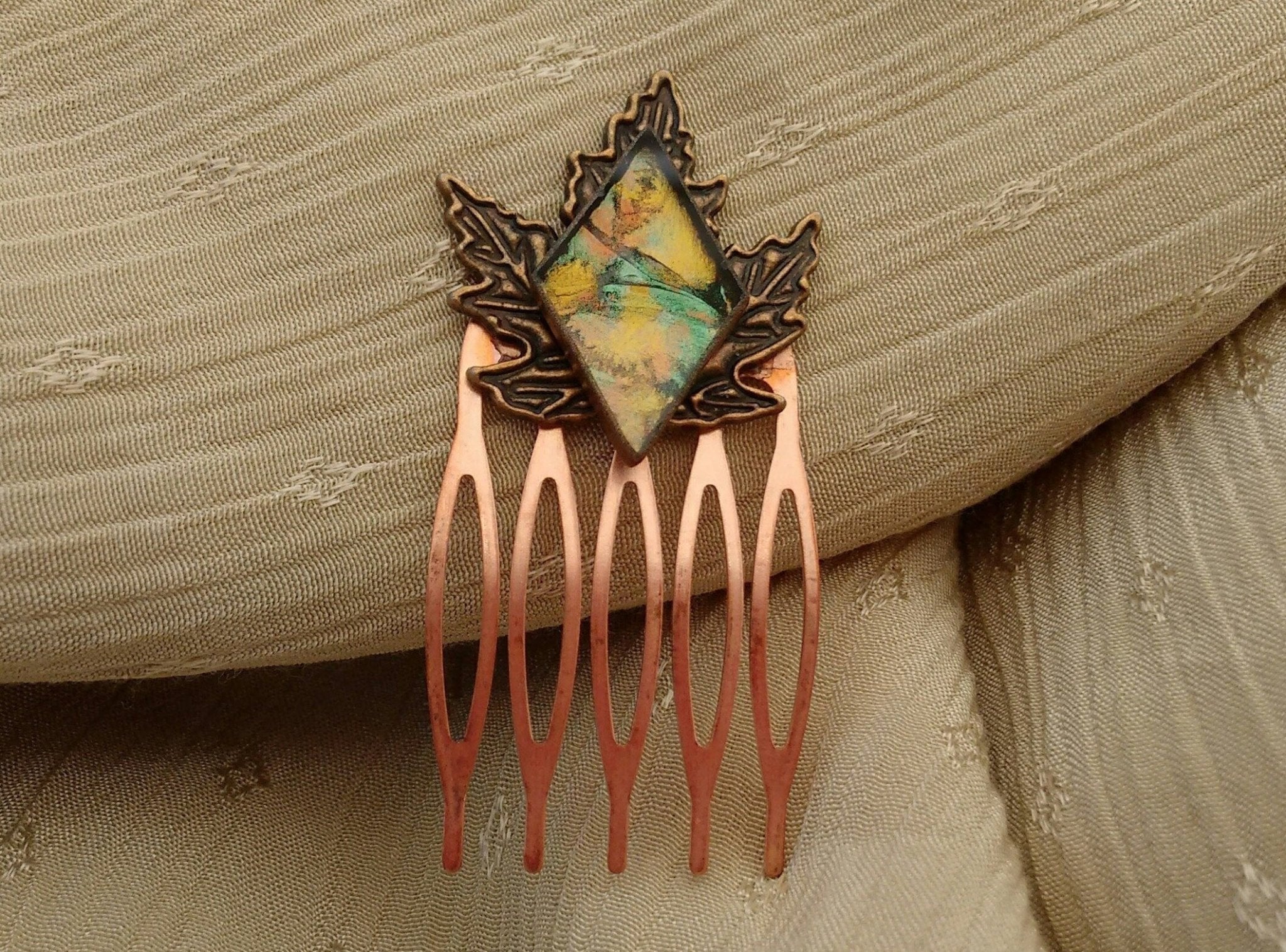 Handcrafted copper leaf Van Gogh stained glass hair comb