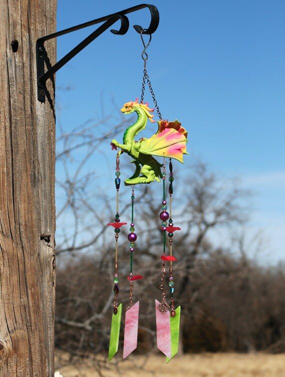 Handcrafted flower dragon stained glass wind chime garden ornament