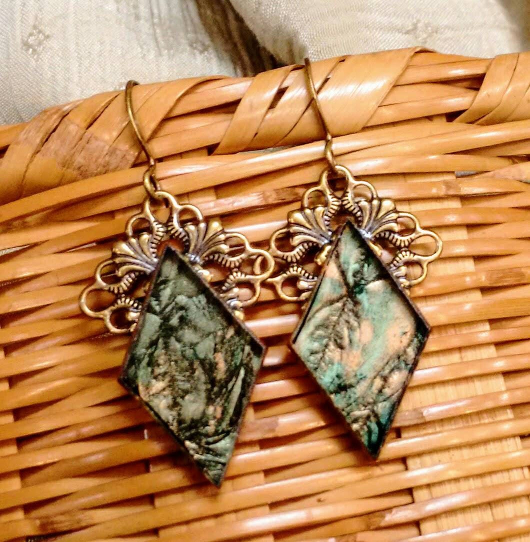 Handcrafted green and bronze Van Gogh stained glass earrings