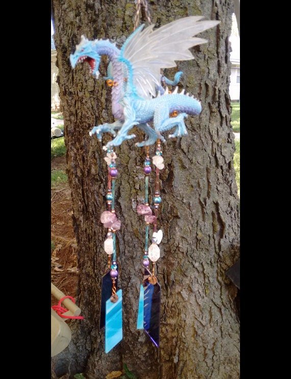 Handcrafted ice dragon stained glass wind chime garden ornament