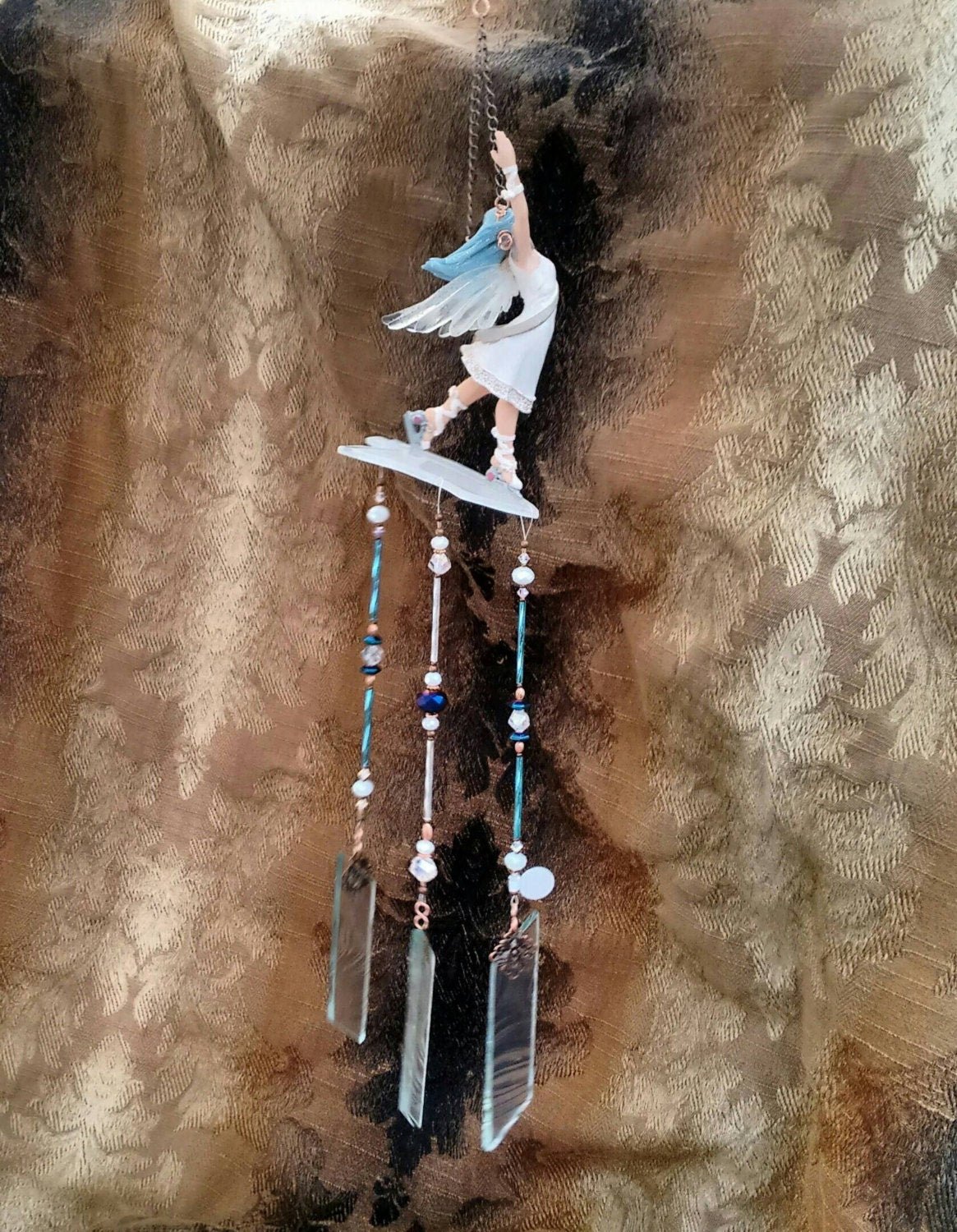 Handcrafted ice skating fairy stained glass wind chime garden ornament