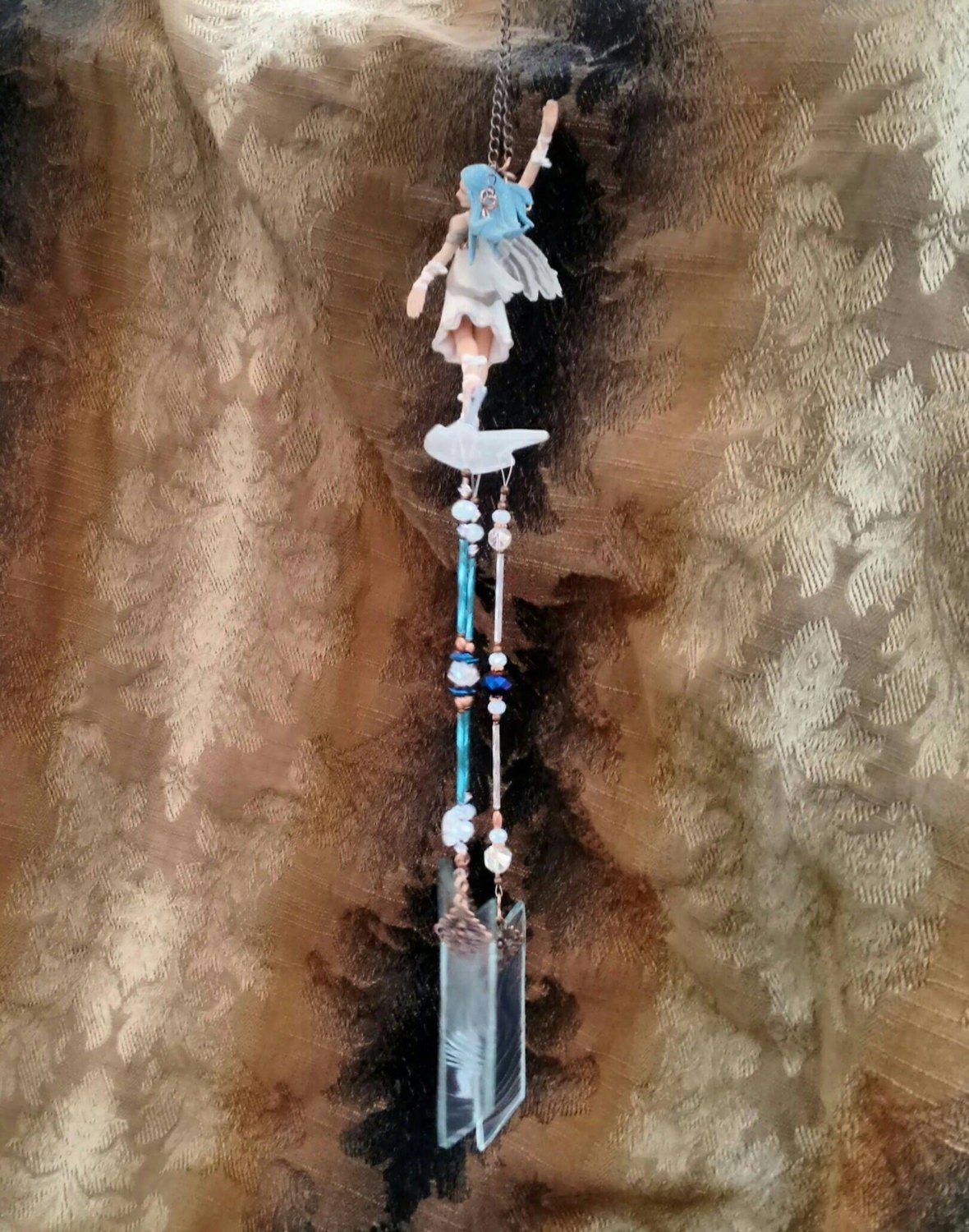 Handcrafted ice skating fairy stained glass wind chime garden ornament