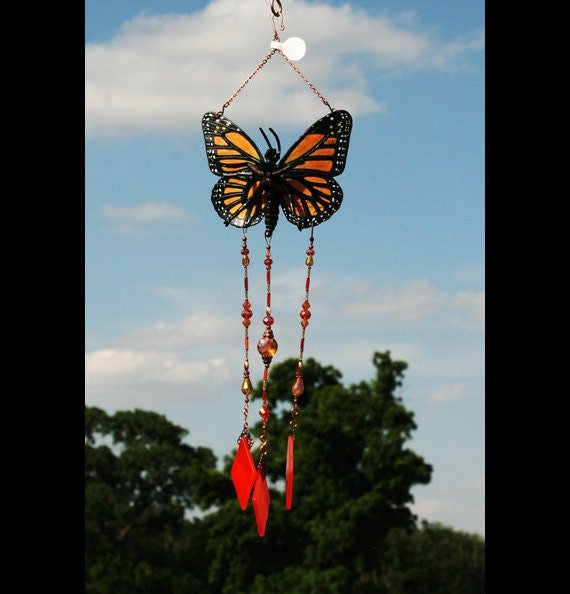Handcrafted monarch butterfly stained glass wind chime garden ornament