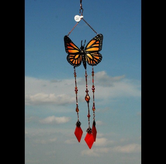 Handcrafted monarch butterfly stained glass wind chime garden ornament