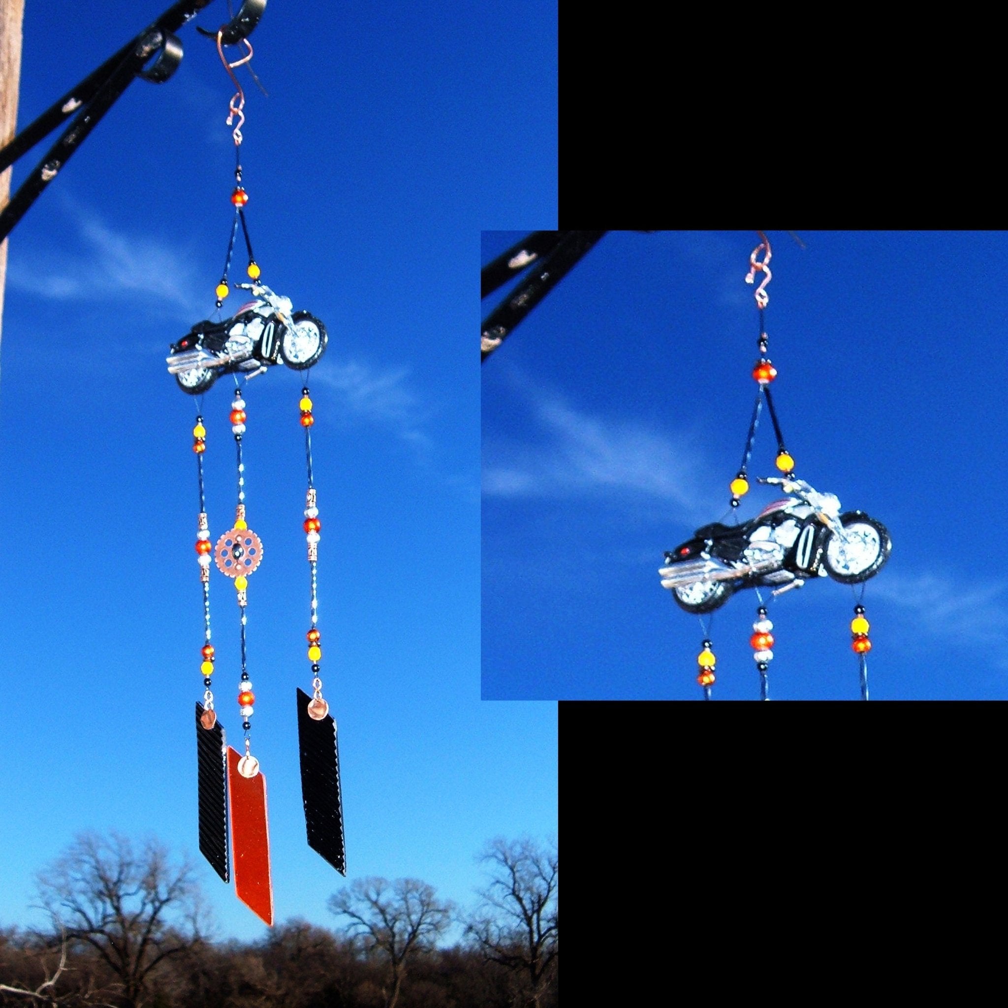 Handcrafted motorcycle stained glass wind chimes garden ornament