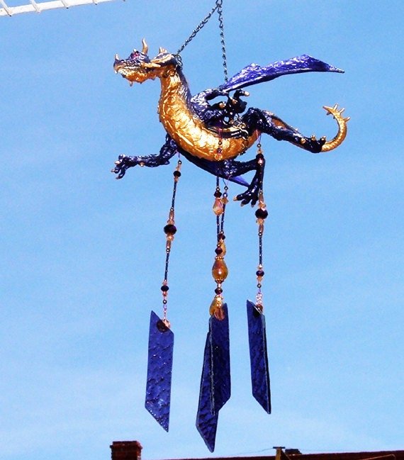 Handcrafted purple dragon stained glass wind chime garden ornament
