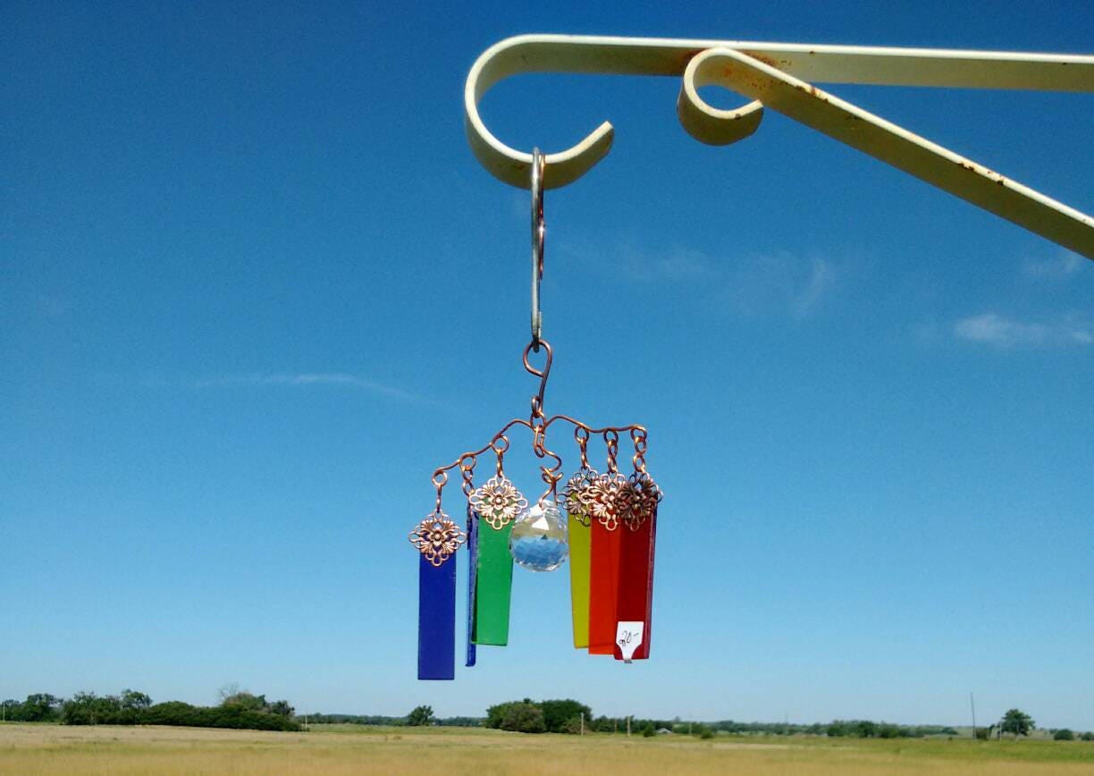 Handcrafted rainbow stained glass wind chime garden ornament suncatcher